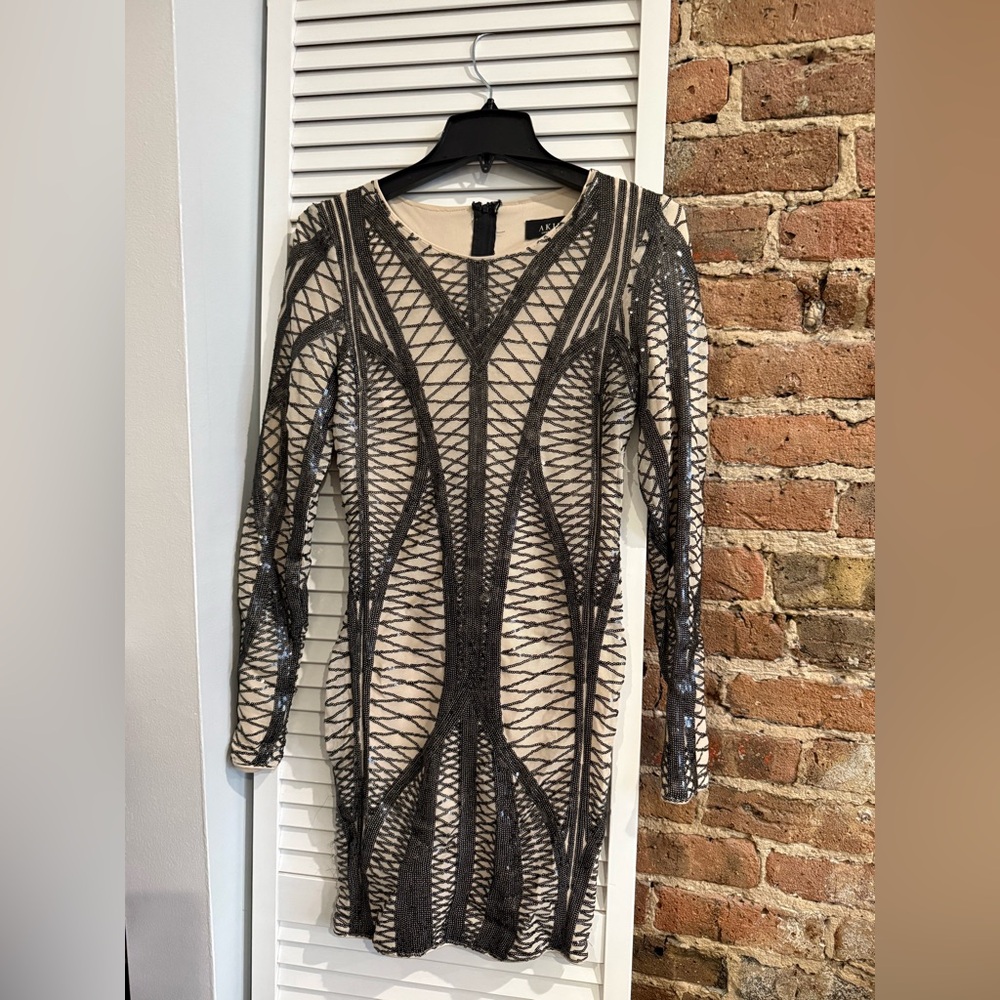 AKIRA Black and Cream Geometric Long Sleeve Dress